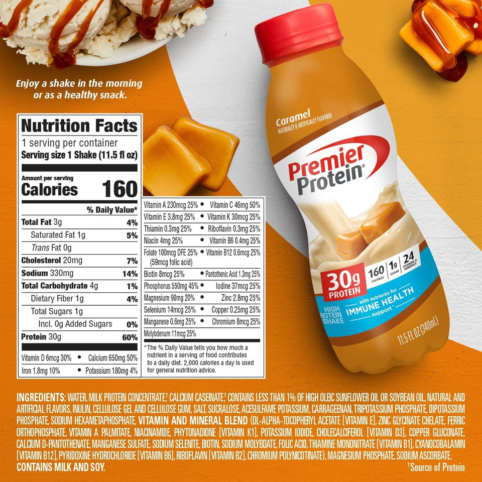 Premier Liquid Protein Shake, Caramel, 30G Protein, 1G Sugar, 24 Vitamins & Minerals, Nutrients To Support Immune Health 11.5 Fl Oz Bottle (12 Pack)