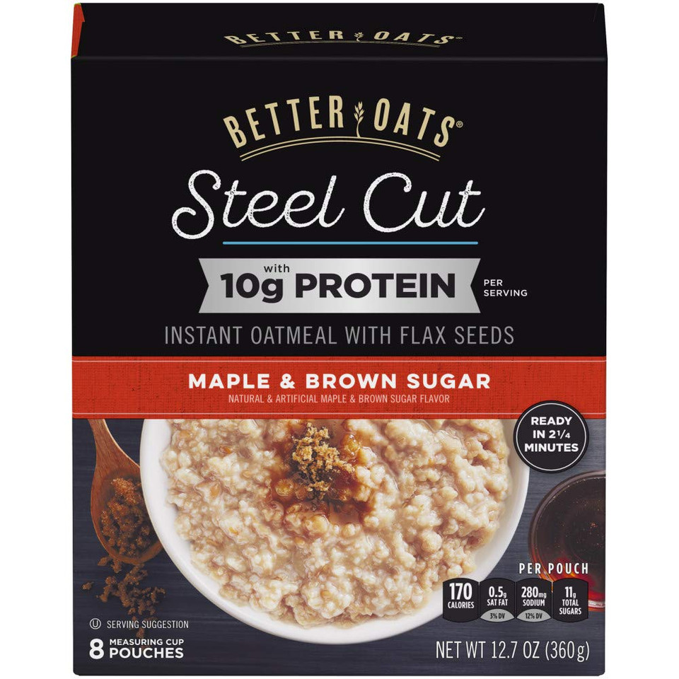 Better Oats Steel Cut Protein Oatmeal Packets, Maple And Brown Sugar Oatmeal With Flax Seeds And Steel Cut Oats, Pack Of 6, 12.7 Oz Pack