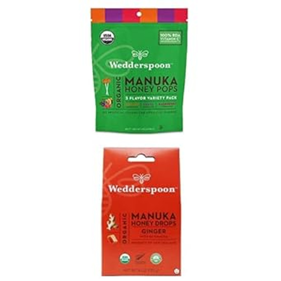 Wedderspoon Organic Manuka Honey Lollipops Variety Pack (24 Count, Pack of 1) and Manuka Honey Drops Ginger & Echinacea (20 Count, Pack of 1) -Genuine New Zealand Honey, Perfect Remedy For Dry Throats