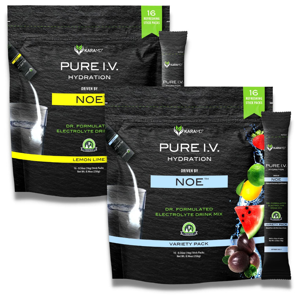 KaraMD Pure I.V. - Doctor Formulated Electrolyte Powder Drink Mix 2 Flavor Bundle  Refreshing & Delicious Hydrating Packets with Vitamins & Minerals  1 Lemon Lime & 1 Variety Bag (32 Sticks)