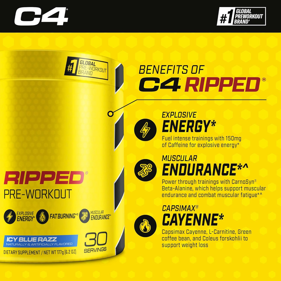C4 Ripped & Superhd, The Thermogenic Bundle, C4 Ripped Pre Workout Powder, Icy Blue Razz 30 Servings + Superhd With Capsimax And Green Tea Extract, 60 Servings