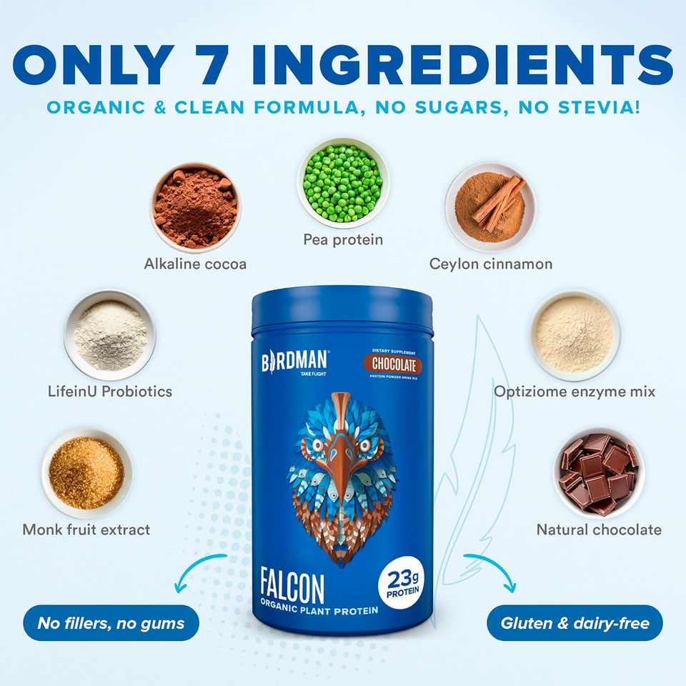 Falcon Vegan Protein Powder Organic, Stevia & Sugar Free, Plant Based Protein, Low Carb, Dairy Free, Keto, Non Whey Protein, Probiotic, Pea Protein | Chocolate Flavor - 20 Servings - 1.32Lb