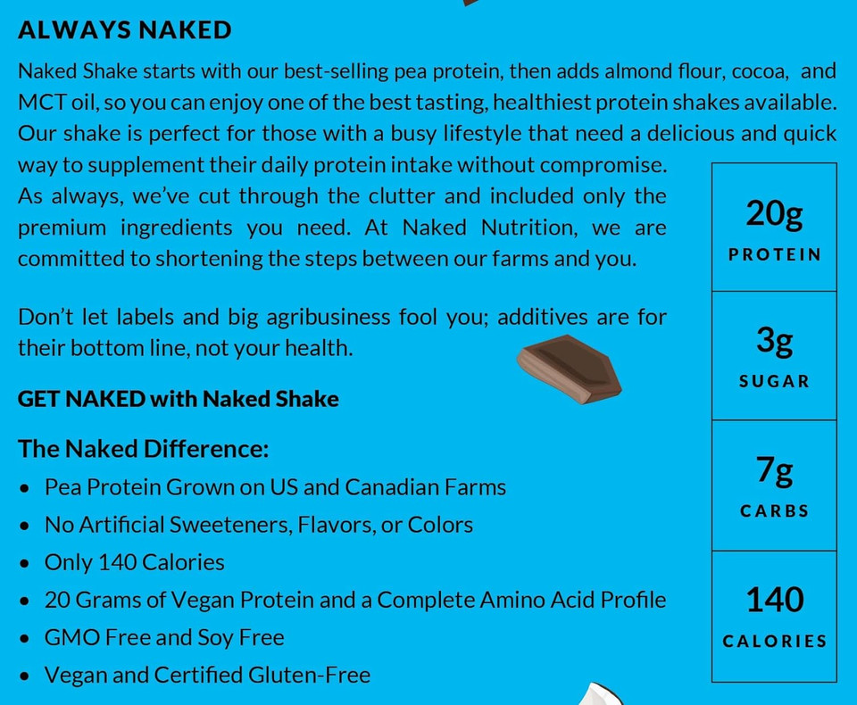 Naked Shake - Chocolate Coconut Almond Protein Powder - Flavored Plant Based Protein from US & Canadian Farms with MCT Oil, Gluten-Free, Soy-Free, No GMOs or Artificial Sweeteners - 30 Servings