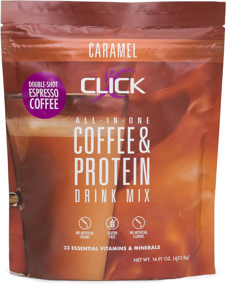 CLICK Coffee Protein Powder | Double Shot Espresso | 16g Protein | 23 Essential Vitamins | Low Calorie Meal Replacement | 150mg Caffeine | Gluten Free | No Artificial Flavors or Colors | Caramel