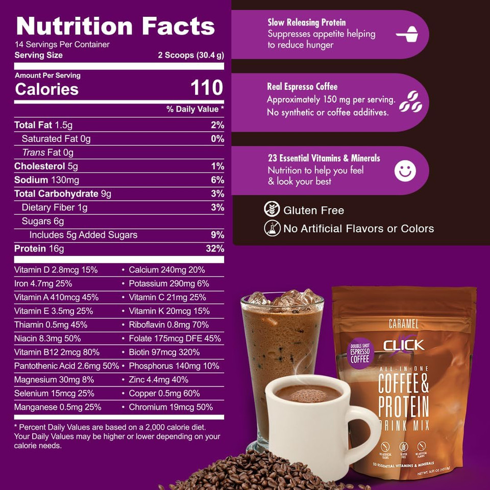 CLICK Coffee Protein Powder | Double Shot Espresso | 16g Protein | 23 Essential Vitamins | Low Calorie Meal Replacement | 150mg Caffeine | Gluten Free | No Artificial Flavors or Colors | Caramel