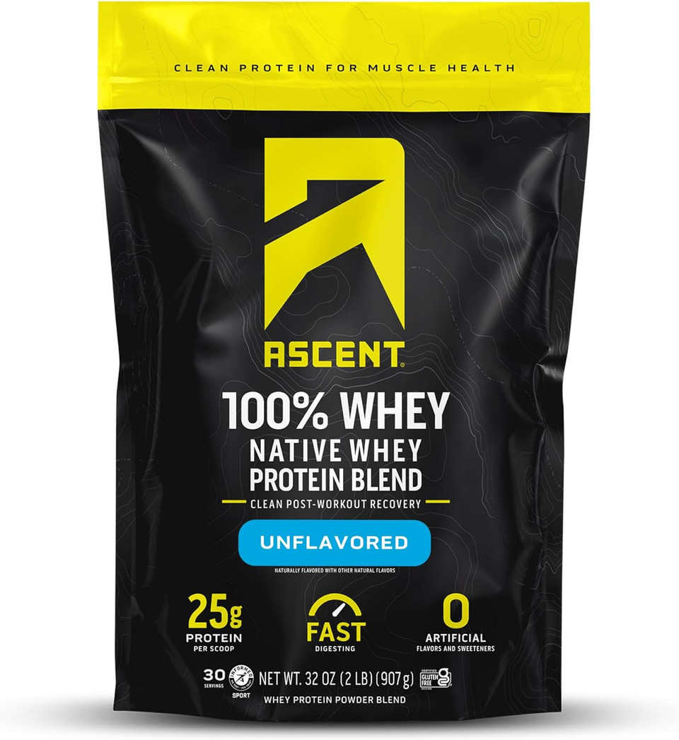 Ascent 100% Whey Protein Powder - Post Workout Whey Protein Isolate, Zero Artificial Flavors & Sweeteners, Gluten Free, 5.5G Bcaa, 2.6G Leucine, Essential Amino Acids, Unflavored 2 Lb