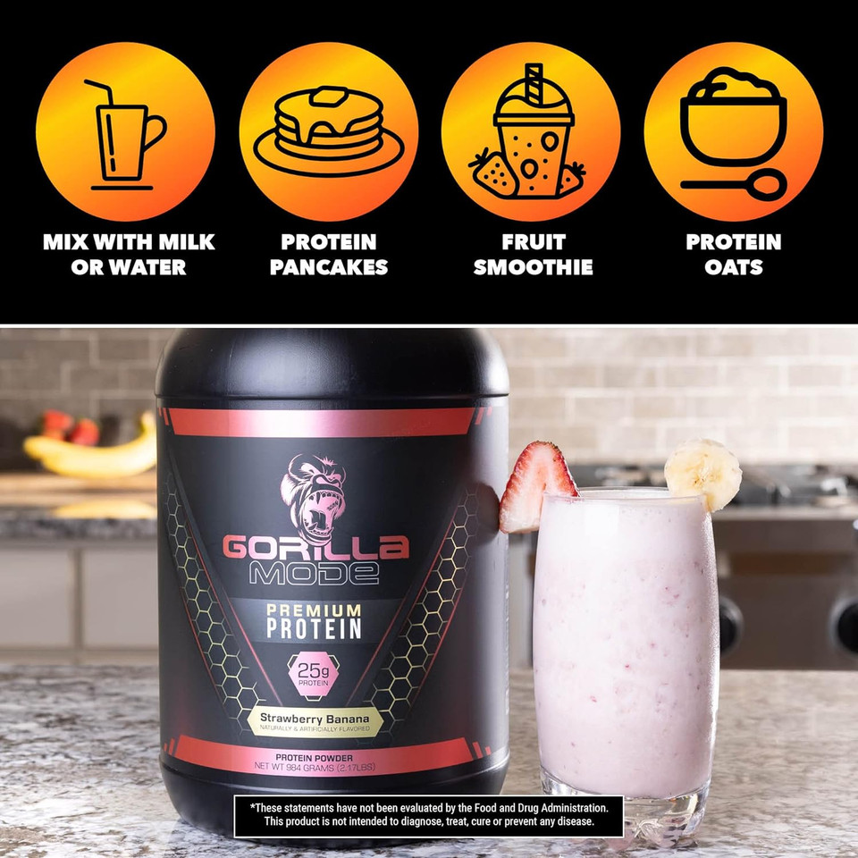Gorilla Mode Premium Whey Protein - Strawberry Banana / 25 Grams Of Whey Protein Isolate & Concentrate/Recover And Build Muscle (30 Servings)