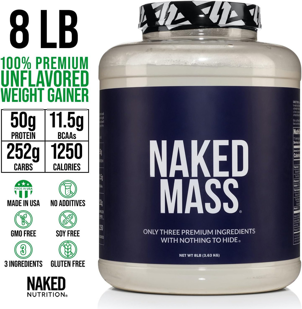 Naked Mass - Natural Weight Gainer Protein Powder - 8 Lb Bulk, Gmo Free, Gluten Free & Soy Free. No Artificial Ingredients - 1,250 Calories Per Serving