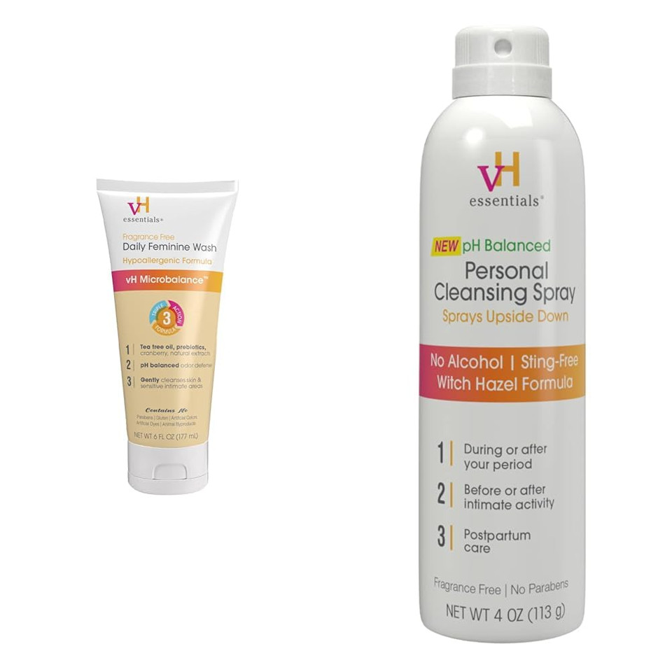 Vh Essentials Daily Feminine Wash - Fragrance Free, Hypoallergenic With Tea Tree Oil & Prebiotic & Personal Cleansing Spray, Ph Balancing Lactic Acid, Sting-Free, Witch Hazel Formula