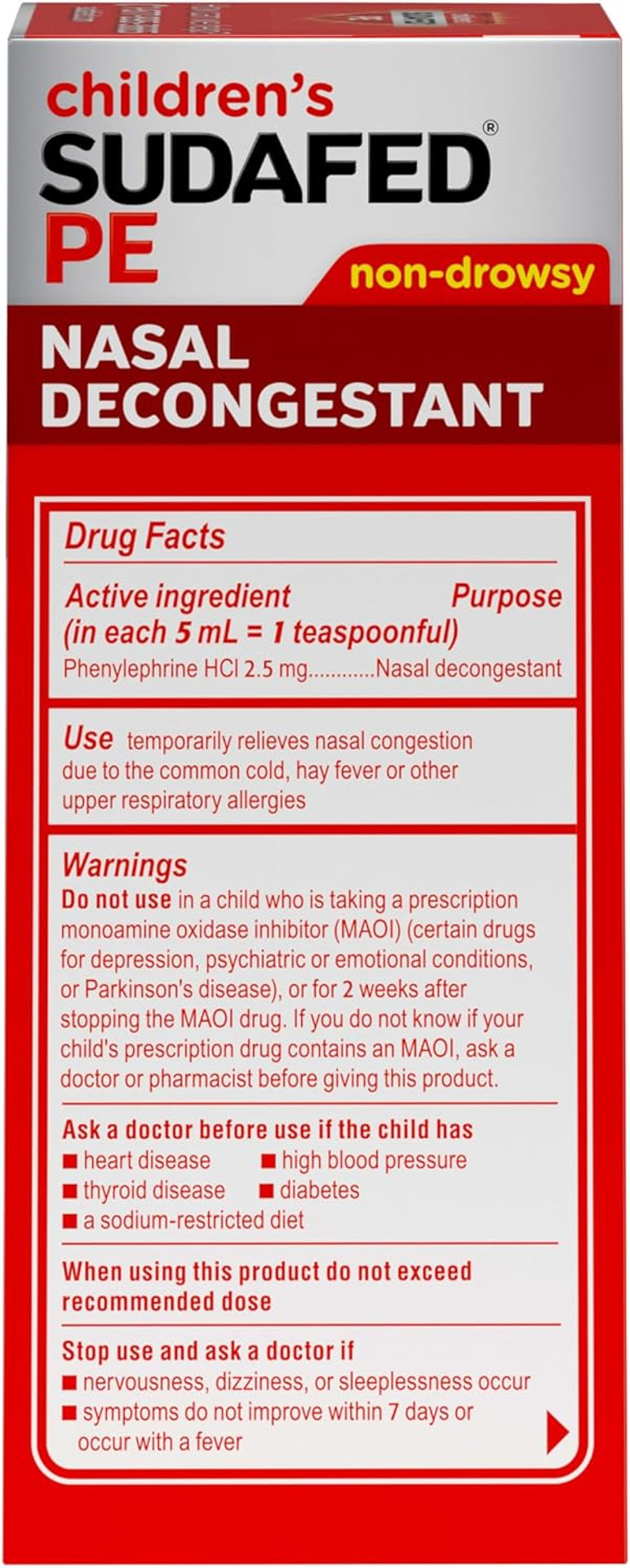 Sudafed Children'S Pe Nasal Decongestant, Liquid Cold Relief Medicine With Phenylephrine Hcl, Alcohol Free And Sugar-Free, Berry-Flavored, 4 Fl. Oz