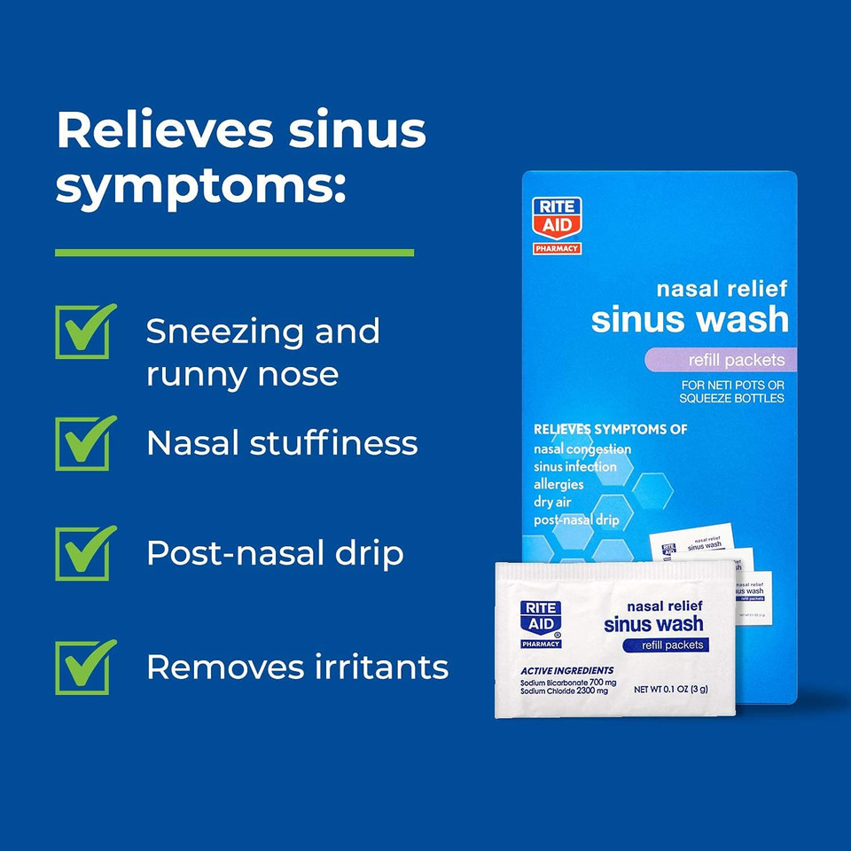 Rite Aid Neti Pot Nasal Rinse Kit And Saline Rinse Packets | Includes 130 Natural Saline Packets | Nasal Relief | Allergy Relief Saline Solution | Nasal Rinse | Sin