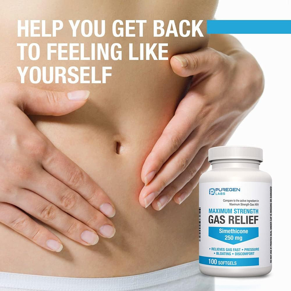 P Puregen Labs Maximum Strength Gas Relief Softgels With Simethicone 250 Mg Relieve Pressure, Bloating And Painful Discomfort Compare To Gas-X And Phazyme -200 Count Total