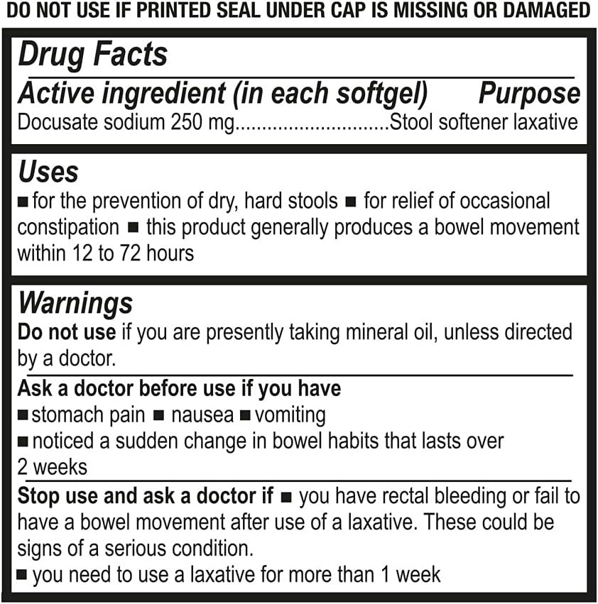 Puregen Labs Docusate Sodium 250Mg Stool Softener Laxative | Gentle Constipation Relief | Extra Strength | Stimulant Free Total 300 Softgels