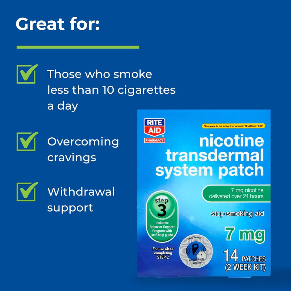 Rite Aid Nicotine Patches - Step 3 | 7 Mg Nicotine - 14 Count | Quit Smoking Patches | Smoking Aid To Quit Smoking | Nicotine Transdermal System Patch | Stop Smoking Aids That Work | Nicotine Pouches