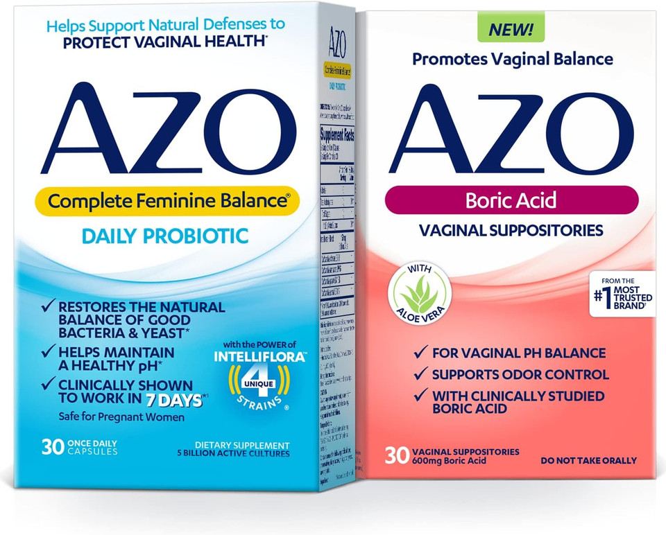 AZO Boric Acid Vaginal Suppositories (30 Count) + Complete Feminine Balance Daily Probiotics for Women (30 Count)