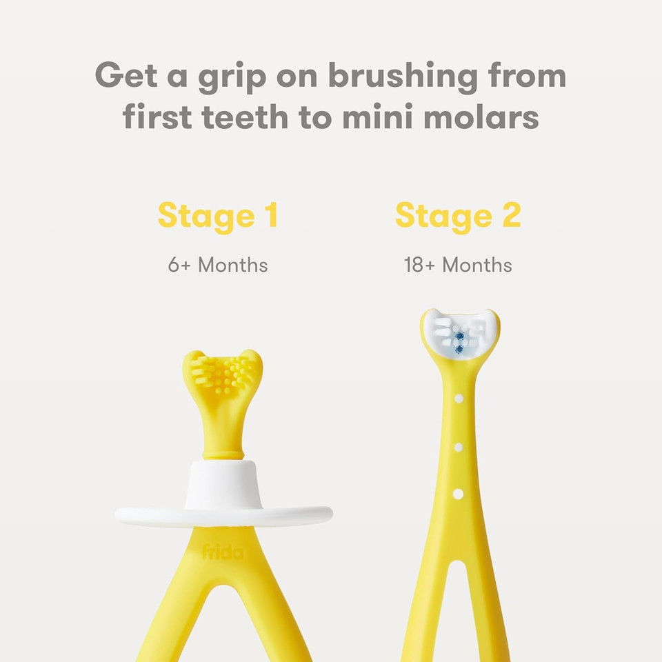 Frida Baby Grow-With-Me Training Toothbrush Set, Battery Powered | Infant To Toddler Toothbrush Oral Care For Sensitive Gums, Yellow, White Frida Baby Grow-With-Me Training Toothbrush Set, Battery Powered | Infant To Toddler Toothbrush Oral Care For Sensitive Gums, Yellow, White