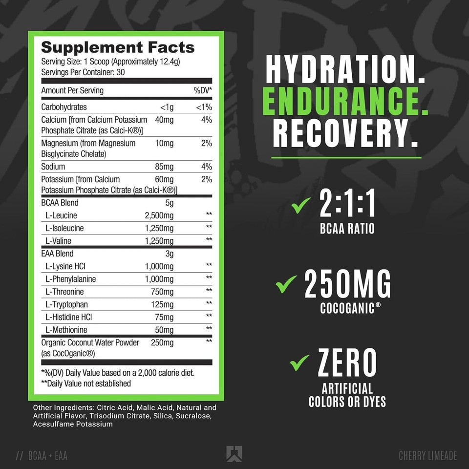 Ryse Up Supplements Core Series Bcaa+Eaa | Recover, Hydrate, And Build | With 5G Branched Chain Aminos And 3G Essential Aminos | 30 Servings (Cherry Limeade)