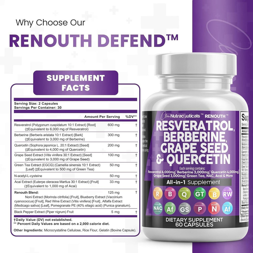 Clean Nutraceuticals Resveratrol 6000Mg Berberine 3000Mg Grape Seed Extract 3000Mg Quercetin 4000Mg Green Tea Extract - Polyphenol Supplement For Women & Men With N-Acetyl Cystein - 60 Capsules