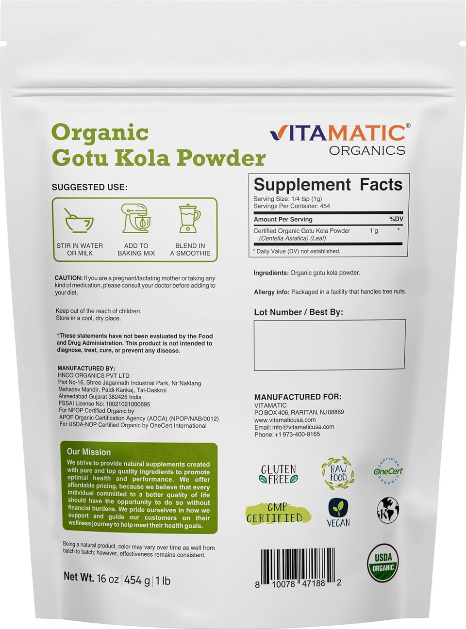 Vitamatic Certified Usda Organic Gotu Kola Powder 1 Pound (16 Ounce)