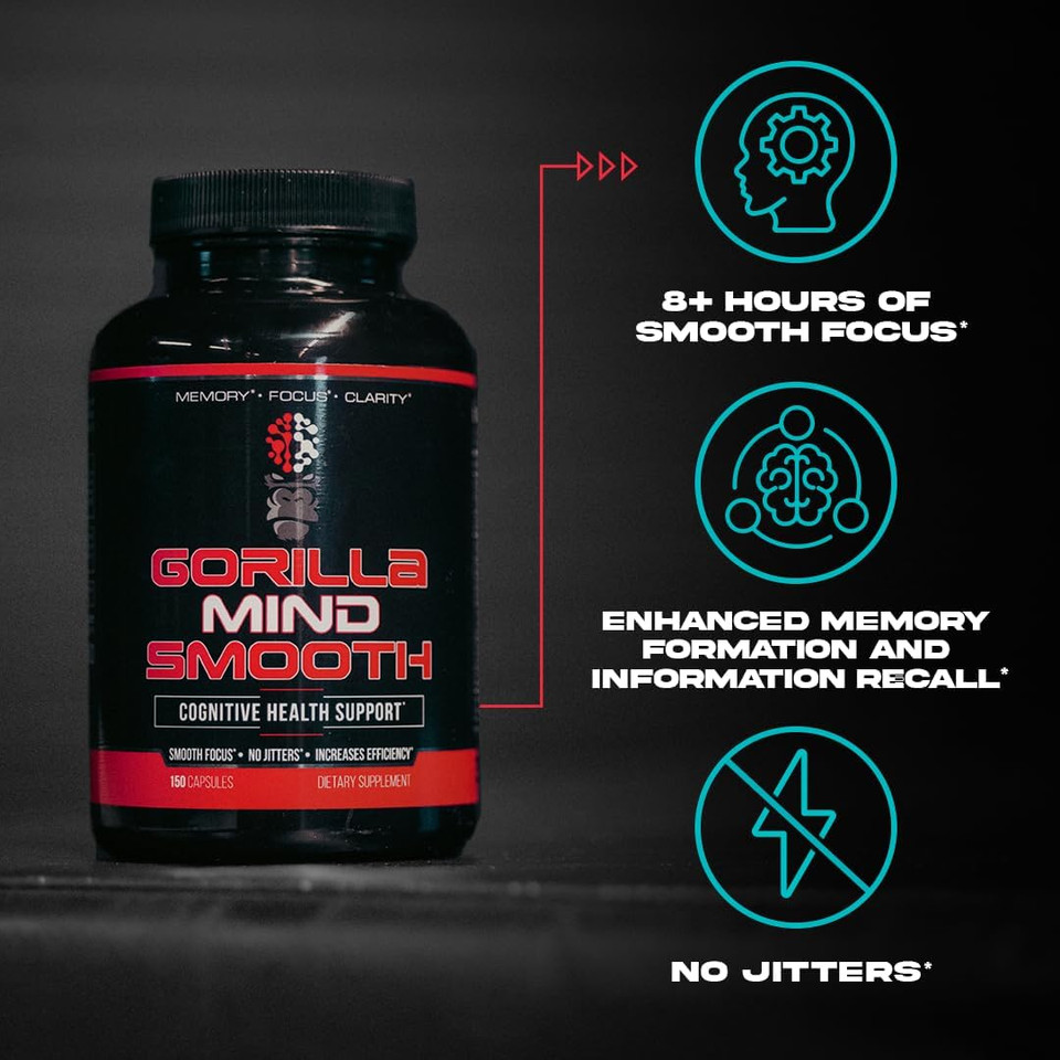 Gorilla Mind Smooth Nootropic Formula - Best Non-Stimulant Productivity Supplement/Memory · Focus · Mental Clarity · No Jitters / 90 Capsules