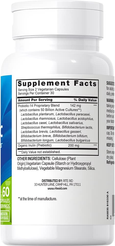 Rite Aid Ultra Probiotic 50 Billion Cfu, 60 Capsules, 14 Probiotic Strains, Restoring Good Bacteria, Colon Health, Daily Colon Health Probiotic, Mens & Womens Probiotic