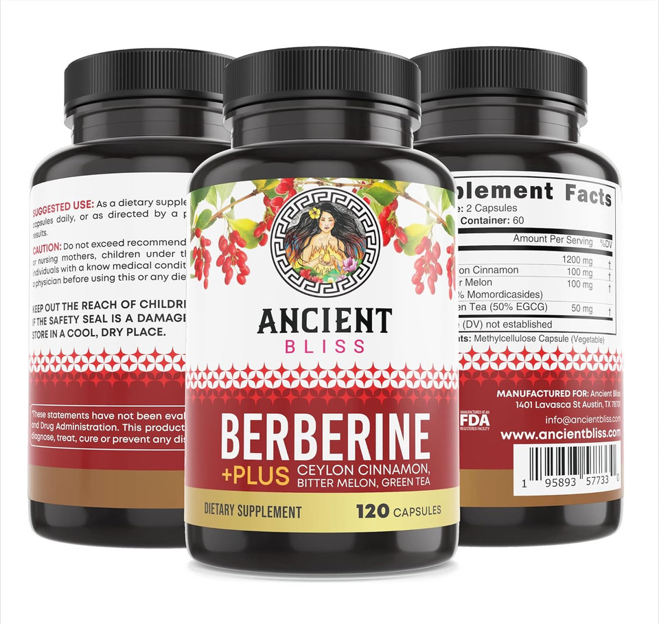 Ancient Bliss Berberine Hcl 1200Mg With Ceylon Cinnamon, Bitter Melon, And Green Tea Extract - 120 Capsules - Supports Insulin, Glucose Metabolism, Immune System - Blood Sugar Support