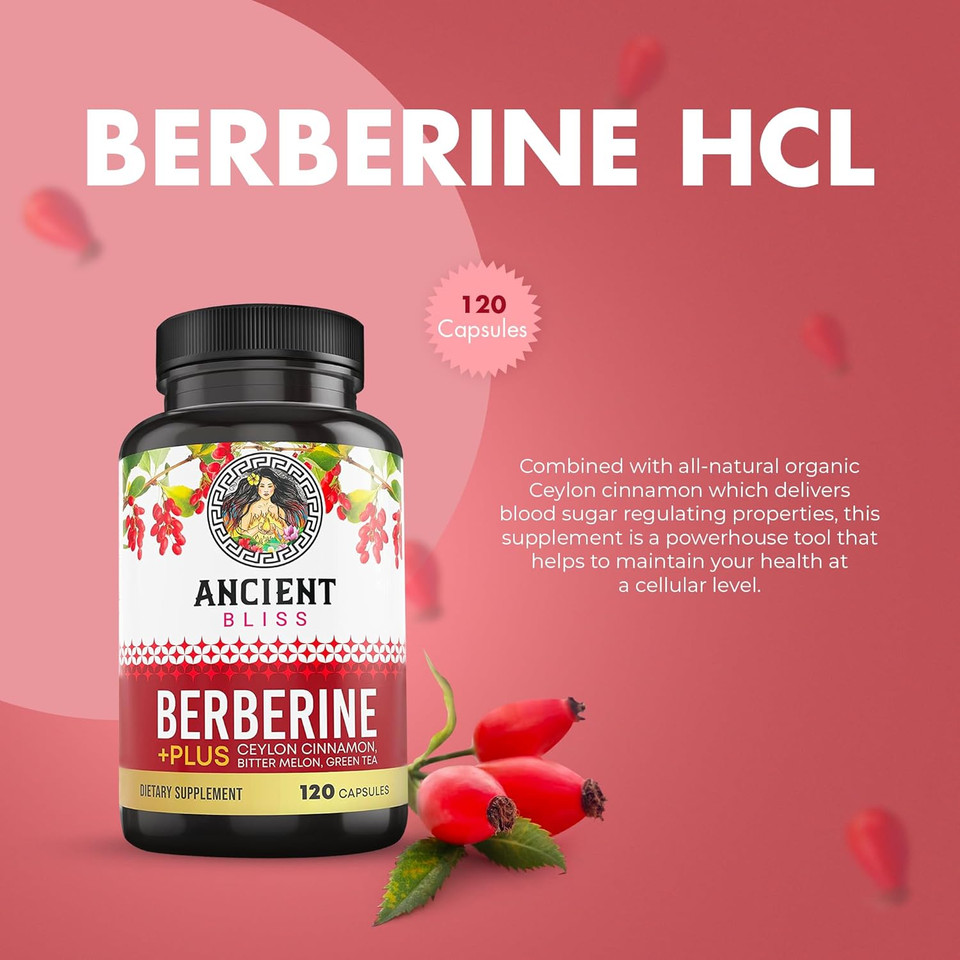Ancient Bliss Berberine Hcl 1200Mg With Ceylon Cinnamon, Bitter Melon, And Green Tea Extract - 120 Capsules - Supports Insulin, Glucose Metabolism, Immune System - Blood Sugar Support