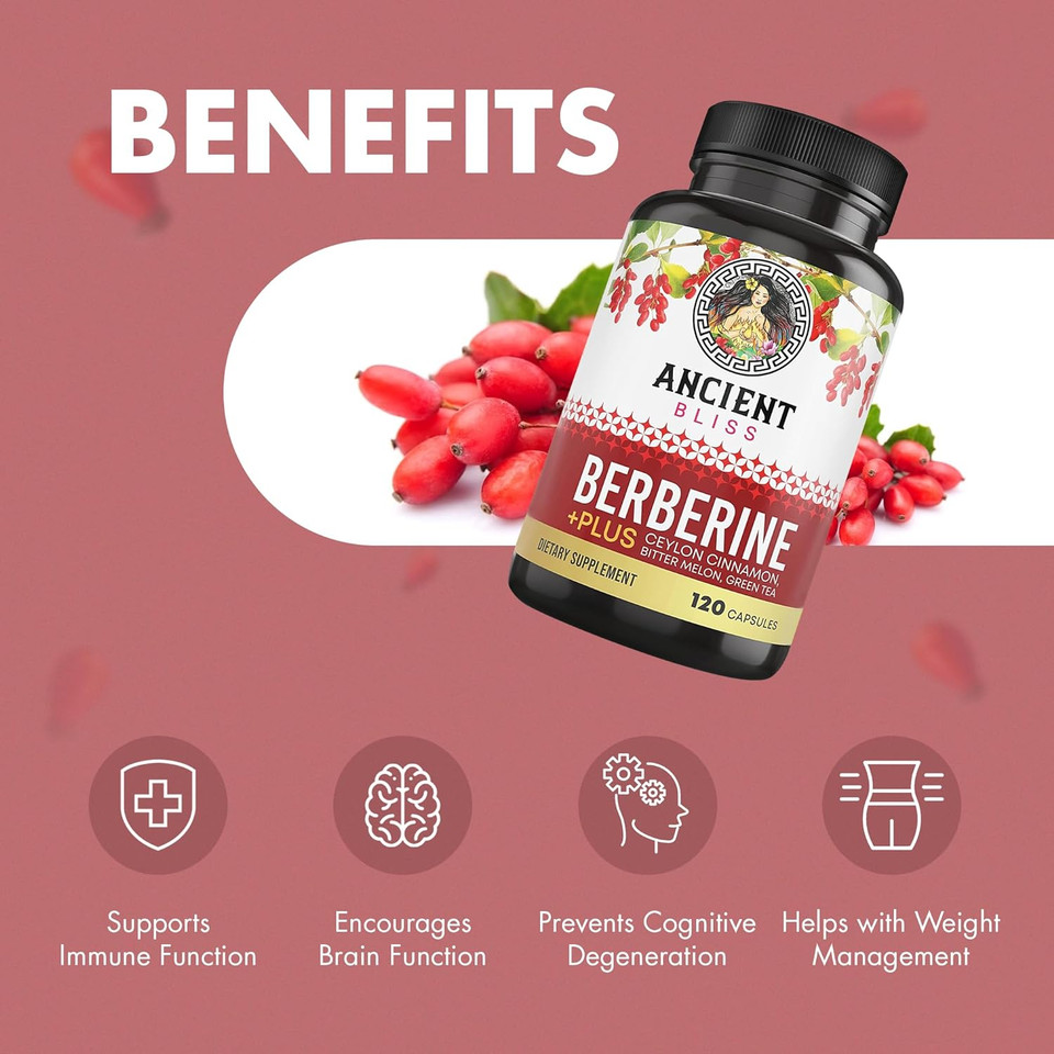 Ancient Bliss Berberine Hcl 1200Mg With Ceylon Cinnamon, Bitter Melon, And Green Tea Extract - 120 Capsules - Supports Insulin, Glucose Metabolism, Immune System - Blood Sugar Support
