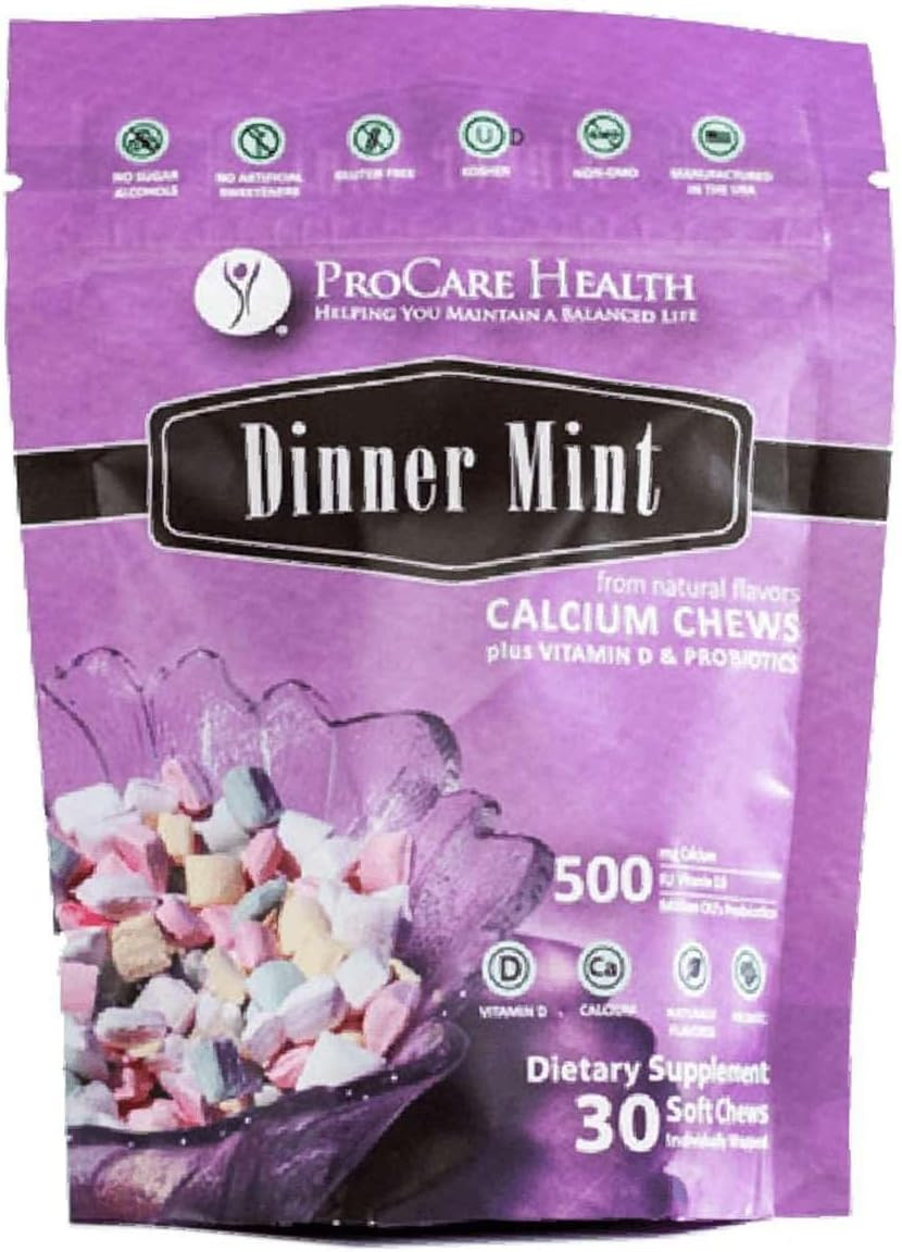 Procare Health | Trucal Calcium Soft Chew | Dinner Mint | 500Mg Calcium | 500 Iu Vitamin D3 | 500 Million Cfu'S Probiotic | 30 Count