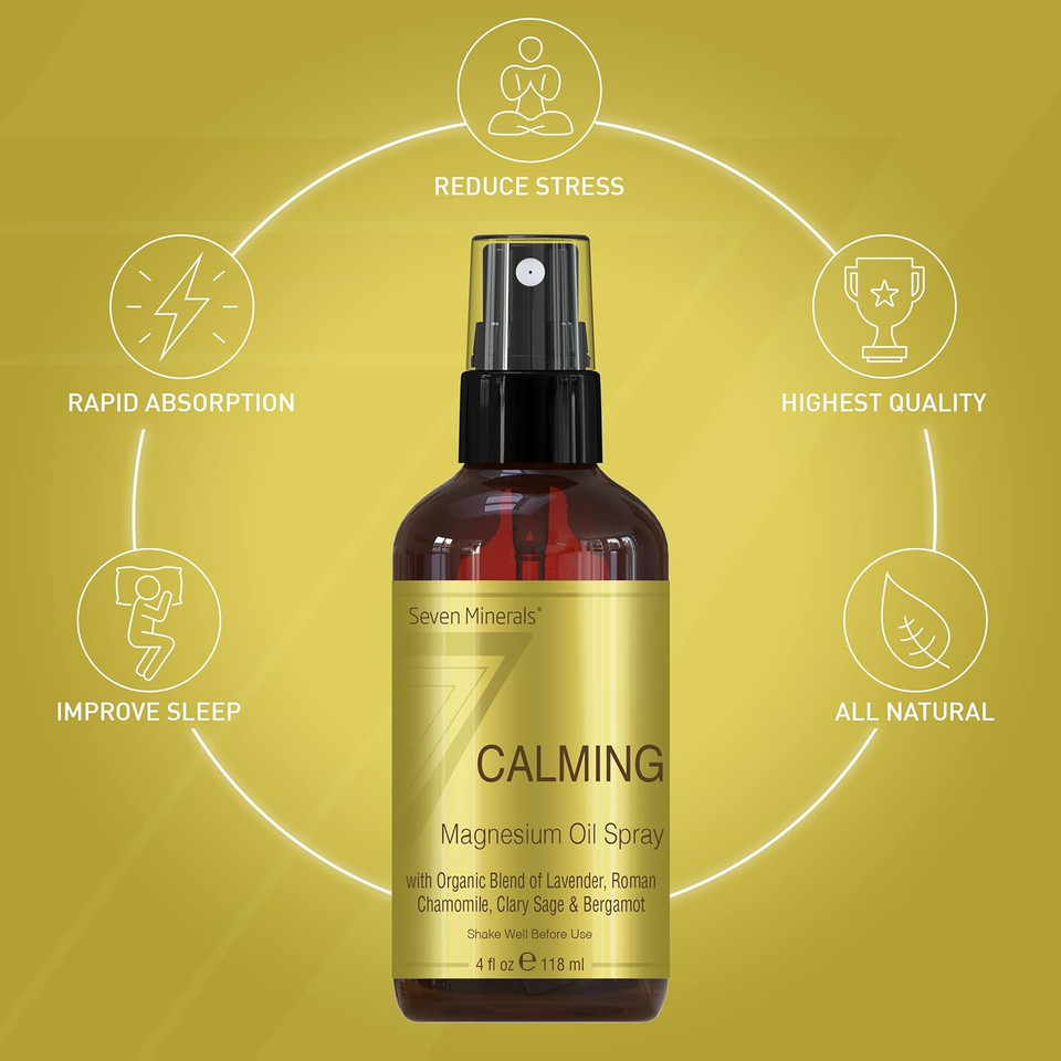 Seven Minerals Calming Magnesium Spray | 100 Percent Natural Essential Oils Blend - Made In Usa (Organic Lavender, Roman Chamomile, Clary Sage, And Bergamot) || Ebook Included (New)