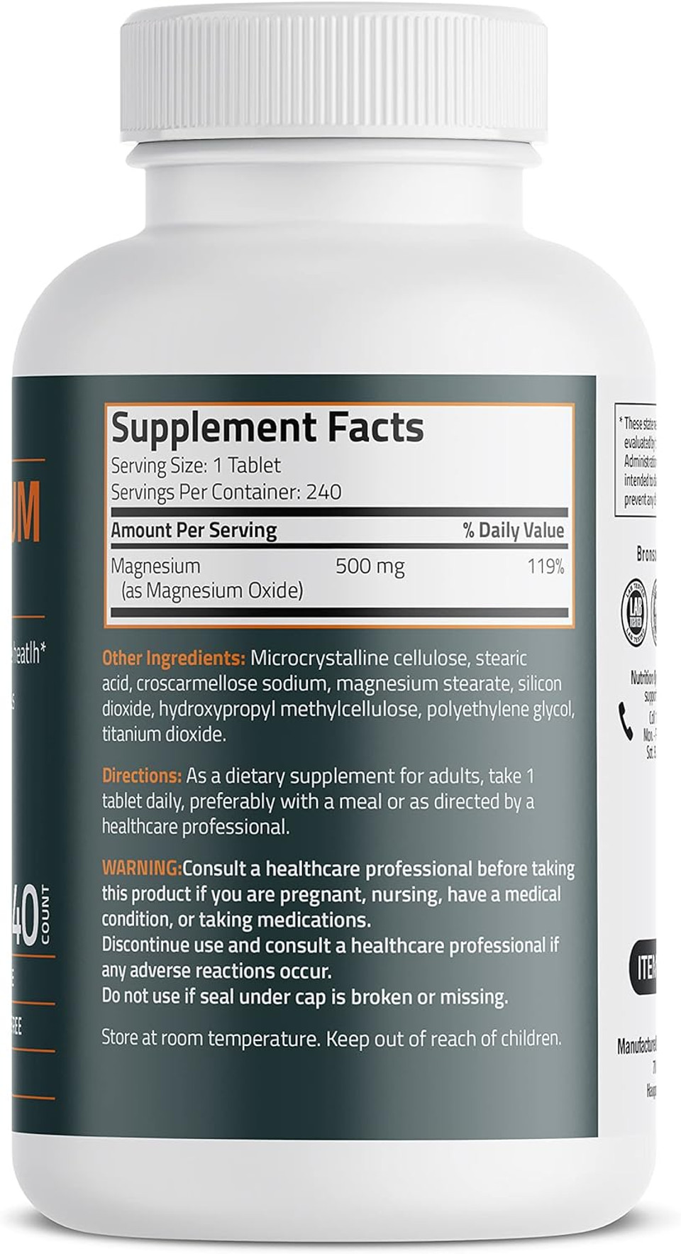 Bronson Magnesium 500 Mg Supports Bone & Muscle Health & Nervous System Support - Non-Gmo, 240 Vegetarian Tablets