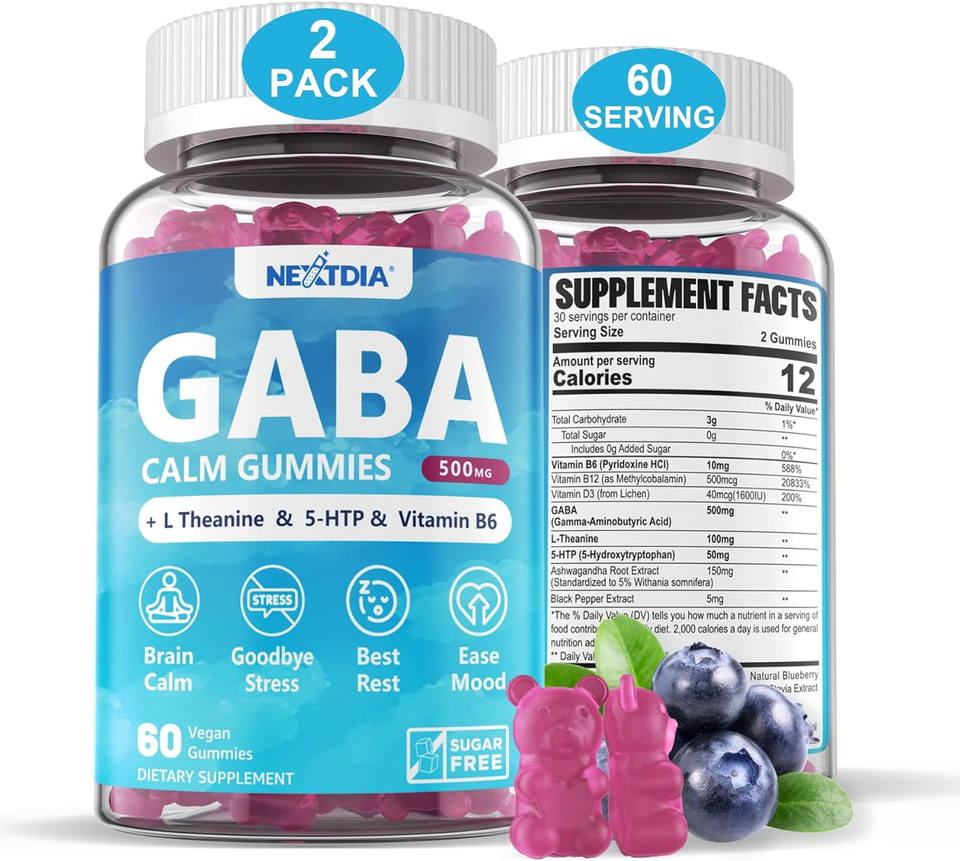 Gaba Gummies 500 Mg - Sugar-Free Calm Gummies With L Theanine, 5-Htp, Vitamins D3, B12, Ashwagandha, Melatonin-Free For Brain Calm, Mood, Zzz Better, Gaba Supplement For Adult, Blueberry Flavor, Vegan