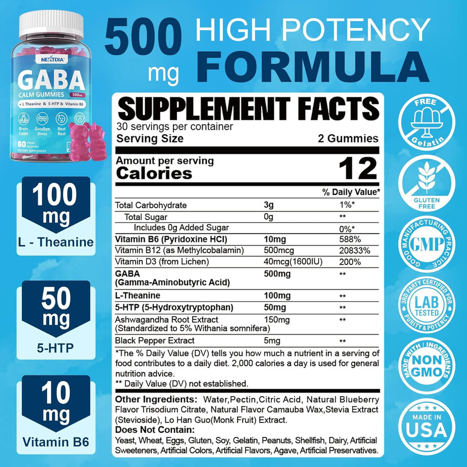 Gaba Gummies 500 Mg - Sugar-Free Calm Gummies With L Theanine, 5-Htp, Vitamins D3, B12, Ashwagandha, Melatonin-Free For Brain Calm, Mood, Zzz Better, Gaba Supplement For Adult, Blueberry Flavor, Vegan