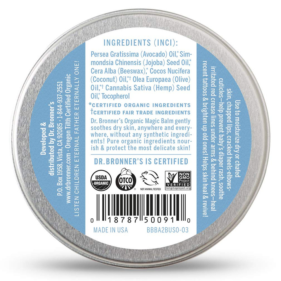 Dr. Bronner'S - Organic Magic Balm (Baby Unscented, 2 Ounce) - Made With Organic Beeswax And Hemp Oil, Moisturizes And Soothes Hands, Face And Body, Relieves Dry Skin, Helps Prevent Diaper Rash