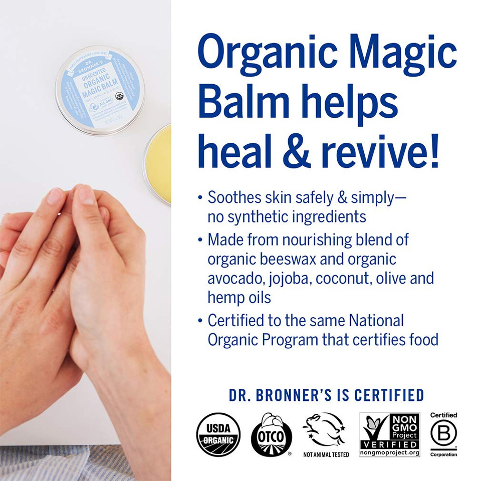 Dr. Bronner'S - Organic Magic Balm (Baby Unscented, 2 Ounce) - Made With Organic Beeswax And Hemp Oil, Moisturizes And Soothes Hands, Face And Body, Relieves Dry Skin, Helps Prevent Diaper Rash