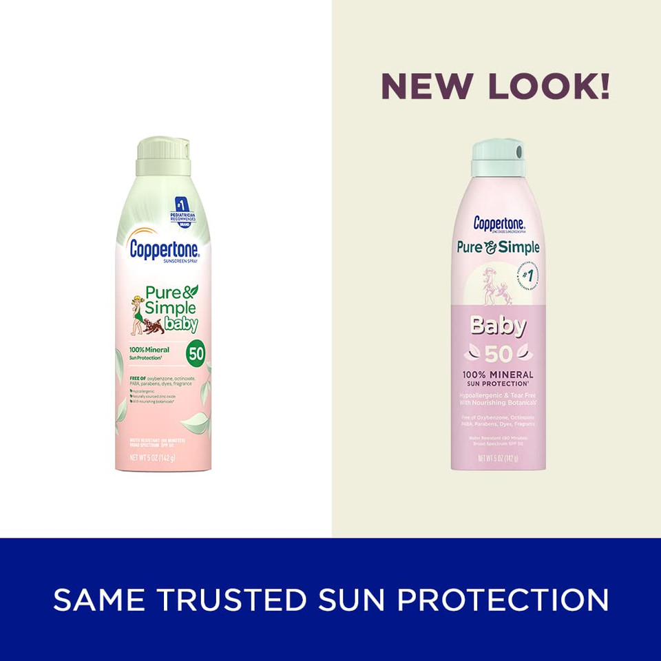Coppertone Pure And Simple Baby Sunscreen Spray Spf 50, Zinc Oxide Mineral Sunscreen For Babies, Toddler Sunscreen, Water Resistant, Broad Spectrum Spf 50 Sunscreen, 5 Oz
