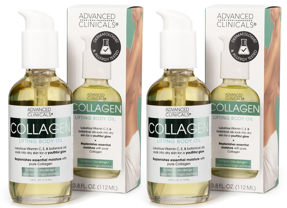 Advanced Clinicals Firming Collagen Body Oil Skin Care Moisturizer | Massage Body Oil | Tighten, Firm, & Hydrate Collagen Oil For Scars, Wrinkles, Crepey Skin, & Stretch Marks, 2-Packcollagen Body Oil (2-Pack)