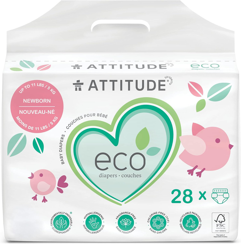 Attitude Disposable Diapers For Sensitive Skin, Non-Toxic, Hypoallergenic, Chlorine-Free, Dye-Free & Lotion-Free Biodegradable Baby Diapers, Plain White (Unprinted), Size 0 (Up To 11 Lbs), 28 Count