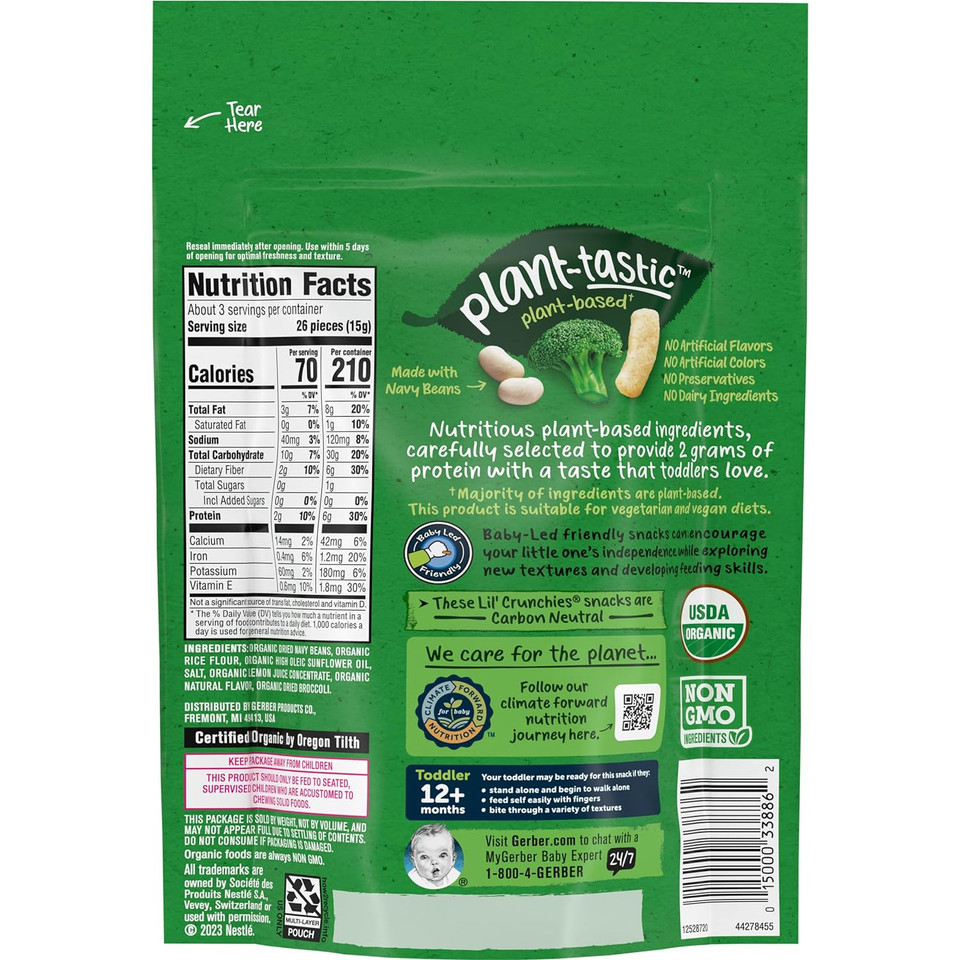 Gerber Toddler Food, Organic Lil Crunchies, Plant-Tastic, Cheezy Style Broccoli, Toddler Snacks, Baby Food, Baby Snacks, 1.59 Ounce (Pack Of 4)