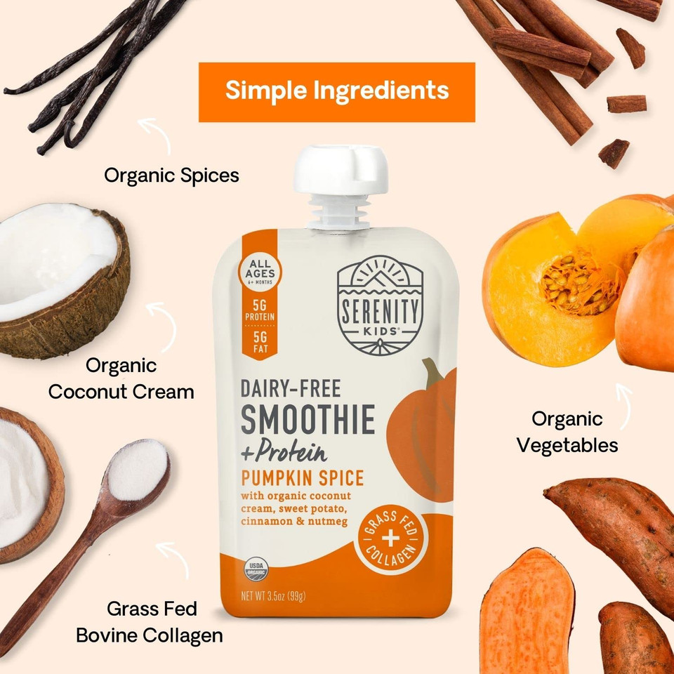 Serenity Kids Organic Pumpkin Spice Smoothie + Protein Baby Food, Dairy Free, 3.5 Ounces (Pack Of 6)