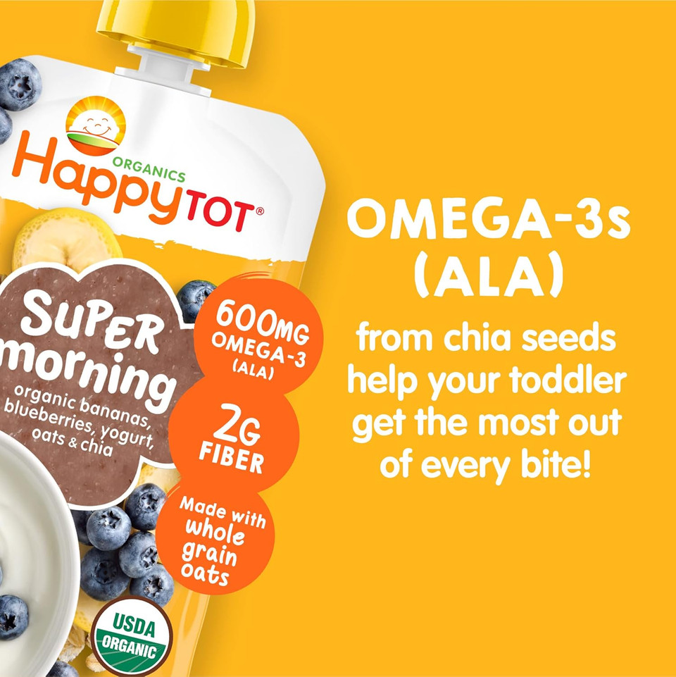 Happy Tot Organics Stage 4 Super Morning Organics Bananas Blueberries Yogurt & Oats + Super Chia, 4 Ounce Pouch (Pack Of 8) Packaging May Vary