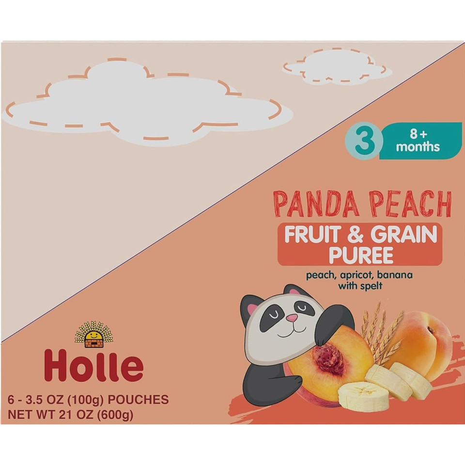 Holle Organic Baby Food Pouches - Panda Peach Baby Puree With Peach, Banana, Apricot & Spelt - (6 Pack) Organic Baby Snacks + Fruit And Veggie Pouches For Weaning Babies 6 Months And Older