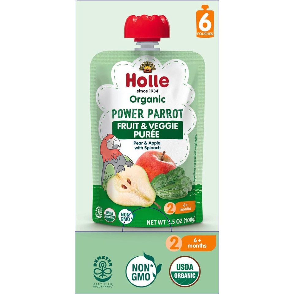 Holle Organic Baby Food Pouches - Power Parrot Baby Puree With Pear, Apple & Spinach - (6 Pack) Organic Baby Snacks + Fruit And Veggie Pouches For Weaning Babies 6 Months And Older