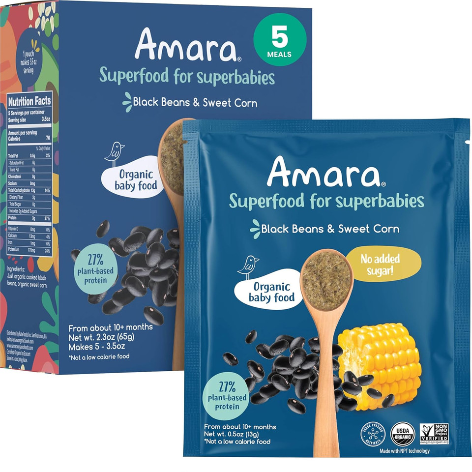 Amara Organic Baby Food - Stage 3 - Black Bean & Sweet Corn - Baby Cereal To Mix With Breastmilk, Water Or Baby Formula - Shelf Stable Baby Food Pouches Made From Organic Veggies - 5 Pouches, 3.5Oz Per Serving Amara Organic Baby Food - Stage 3 - Black Bean & Sweet Corn - Baby Cereal To Mix With Breastmilk, Water Or Baby Formula - Shelf Stable Baby Food Pouches Made From Organic Veggies - 5 Pouches, 3.5Oz Per Serving