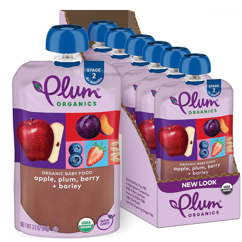 Plum Organics Stage 2 Organic Baby Food - Apple, Plum, Berry, And Barley - 3.5 Oz Pouch (Pack Of 6) - Organic Fruit And Vegetable Baby Food Pouch
