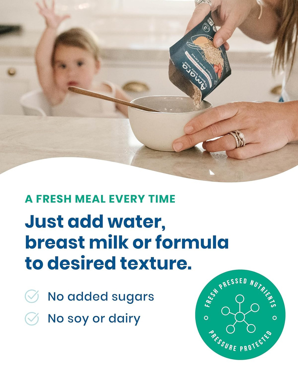 Amara Organic Baby Food - Stage 3 - Ancient Grain - Baby Cereal To Mix With Breastmilk, Water Or Baby Formula - Shelf Stable Baby Food Made From Organic Fruit & Veggies - 5 Pouches, 3.5Oz Per Serving
