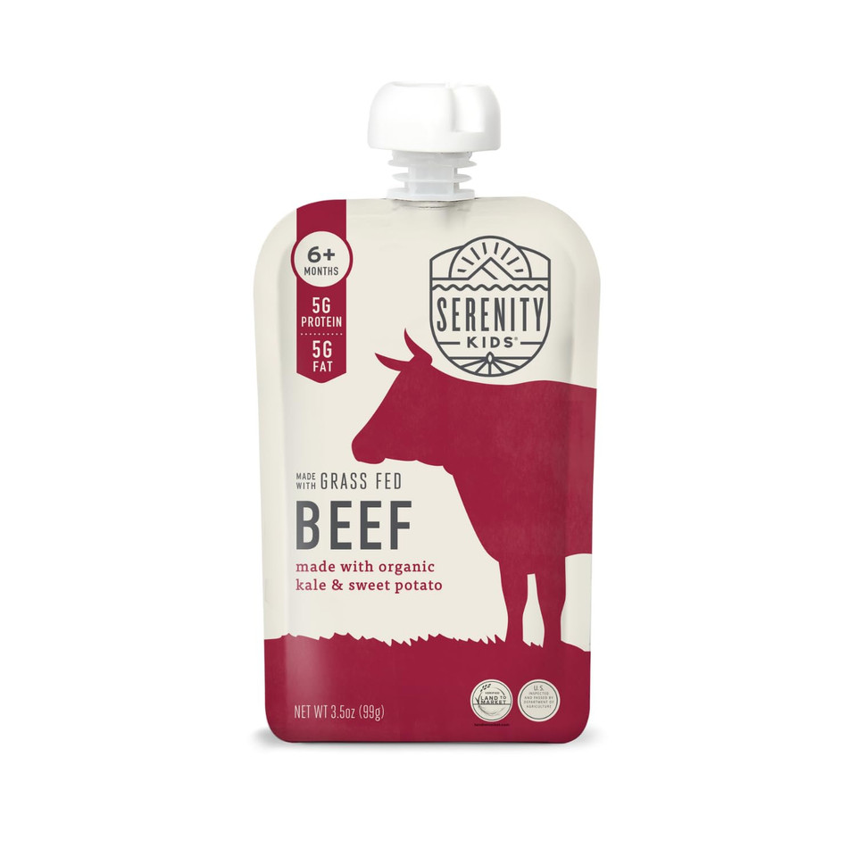 Serenity Kids 6+ Months Baby Food Pouches Puree Made With Ethically Sourced Meats & Organic Veggies | 3.5 Ounce Bpa-Free Pouch | Grass Fed Beef, Kale, Sweet Potato | 12 Count