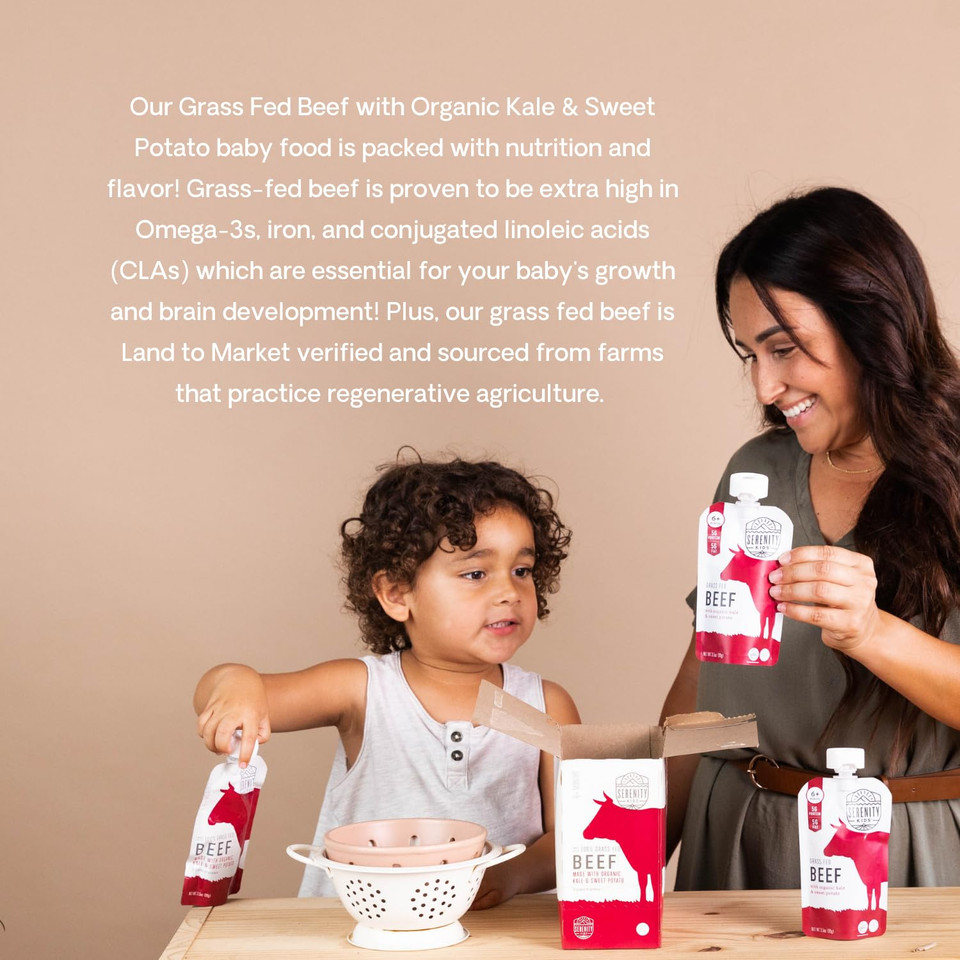 Serenity Kids 6+ Months Baby Food Pouches Puree Made With Ethically Sourced Meats & Organic Veggies | 3.5 Ounce Bpa-Free Pouch | Grass Fed Beef, Kale, Sweet Potato | 12 Count