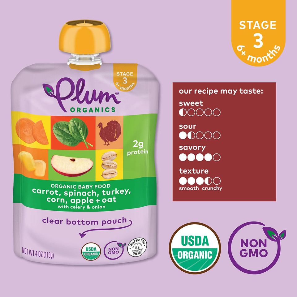 Plum Organics | Stage 3 | Baby Food, Carrot, Spinach, Turkey, Corn, Apple & Oat, 4Oz (12 Pack)