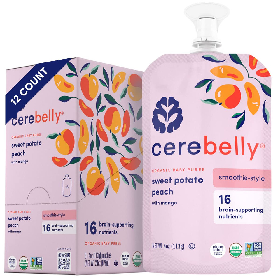 Cerebelly Baby Food Pouches Stage 1  Sweet Potato Peach Smoothie (4 Oz, Pack Of 12) - Healthy Kids Snacks - Organic Fruit & Veggie Purees, Great Toddler Snacks